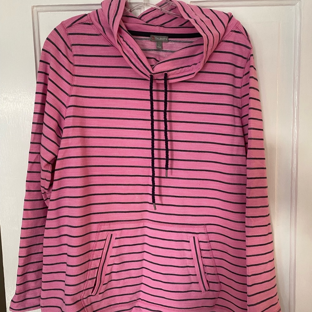 Talbots Pink with Navy Stripes Sweatshirt with Collar Sz XL